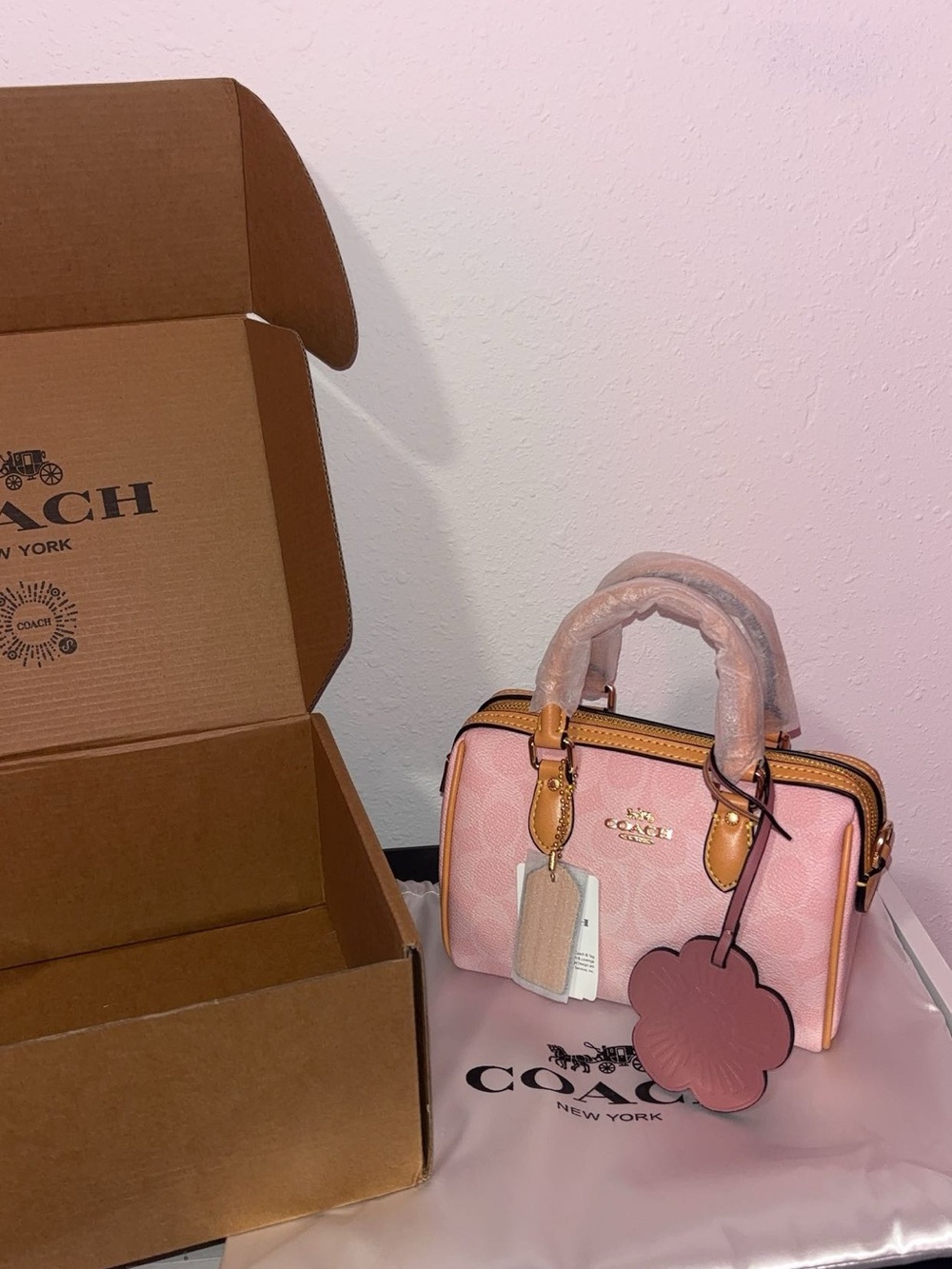 Coach Pink Mini Satchel with Flower Charm and Tan Trim
